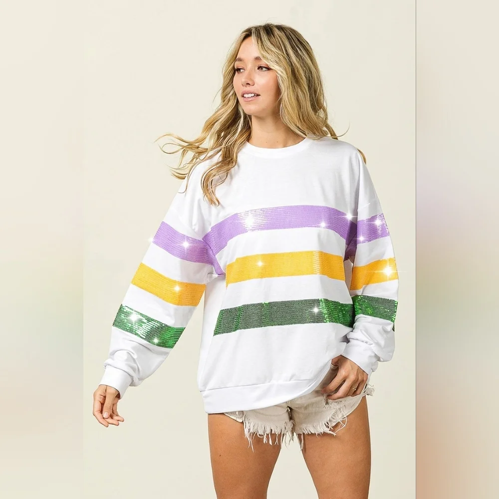 BiBi Sequin Mardi Gras Striped Round Neck Sweatshirt - Picture 8 of 14
